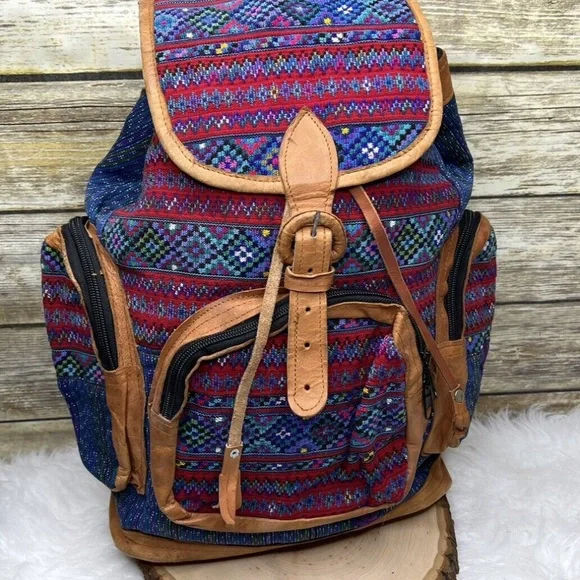 Multicolored embroidered fabric and leather backpack Day Bag/purse Embroidered Woven Backpack Multi-color W  main image 4